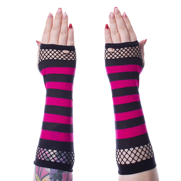 Poizen Industries Striped Mesh black & pink gloves
