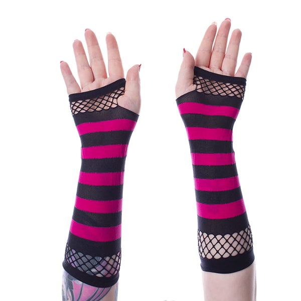 Poizen Industries Striped Mesh black & pink gloves