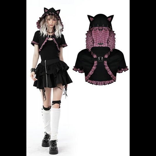 Dark In Love ' Calico ' Pink Plaid Cat Ear hooded cape