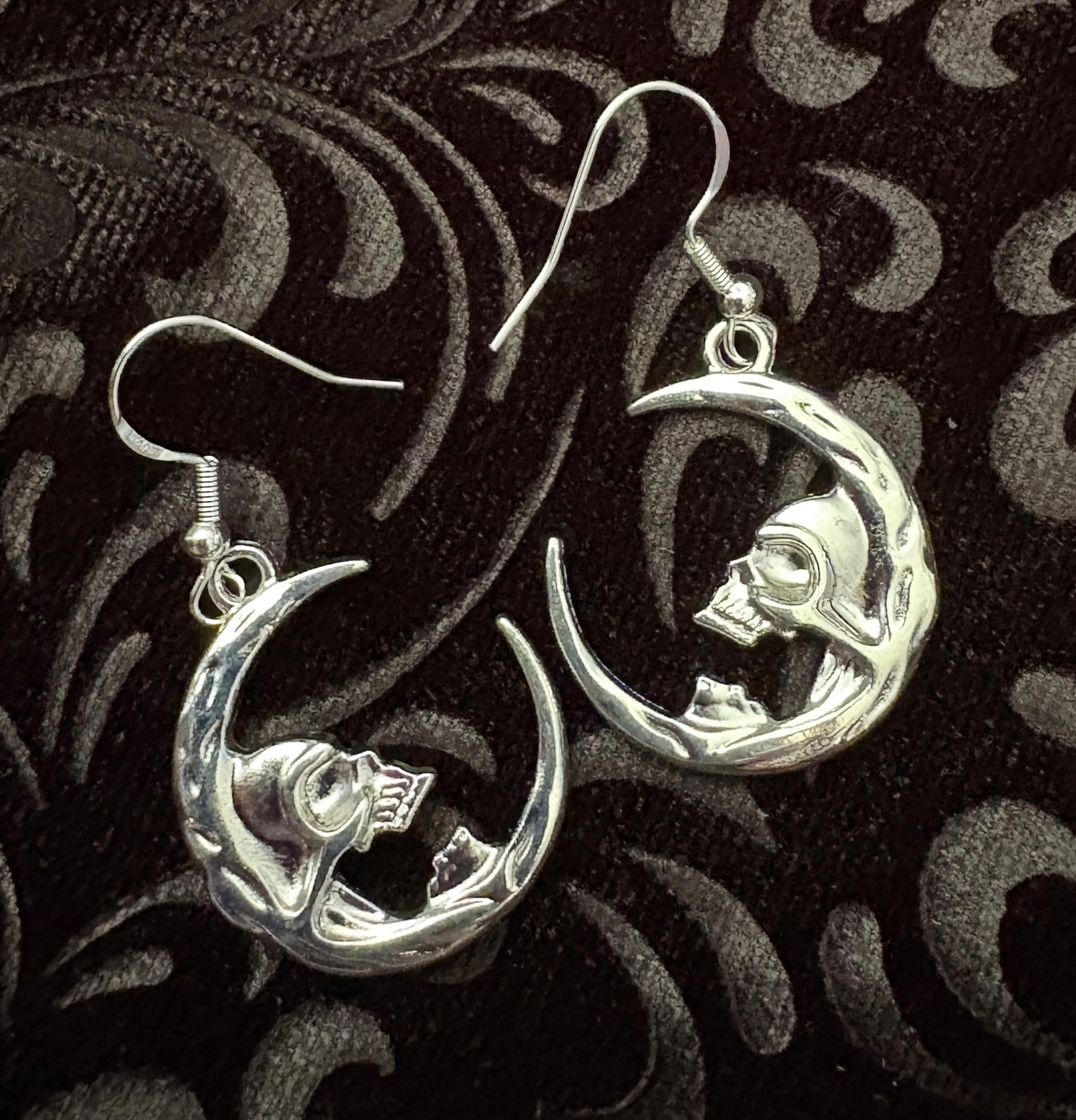 Blacbutterflies Silver Skull Crescent Moon earrings