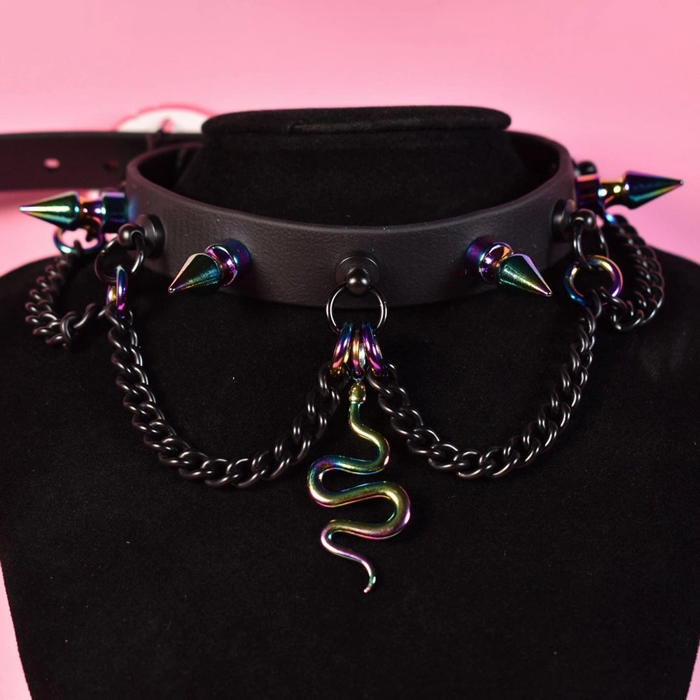 Naughty Pawsies Black and Rainbow Snake Spiked choker