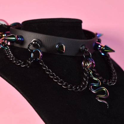 Naughty Pawsies Black and Rainbow Snake Spiked choker