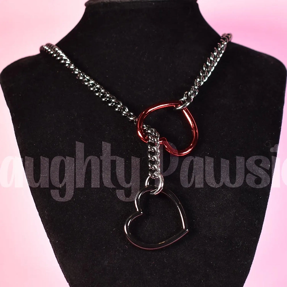 Naughty Pawsies Gunmetal Half and Half & Red/Black Heart pull choker