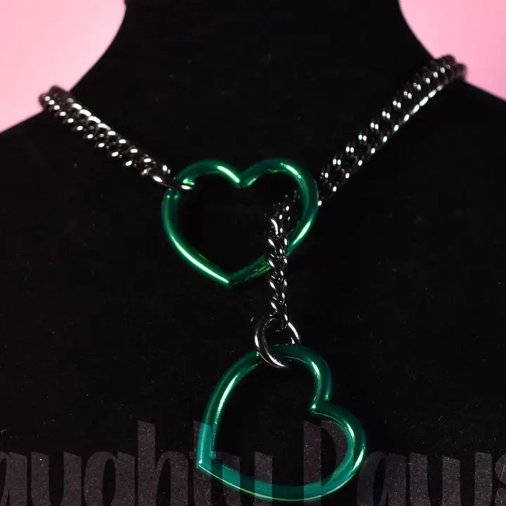 Naughty Pawsies Gunmetal & Emerald Heart pull choker