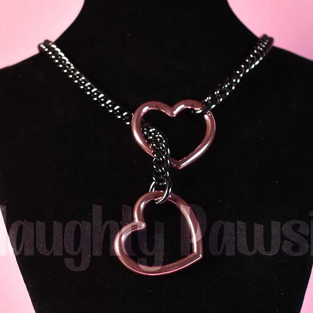 Naughty Pawsies Gunmetal & Light Pink Heart pull choker