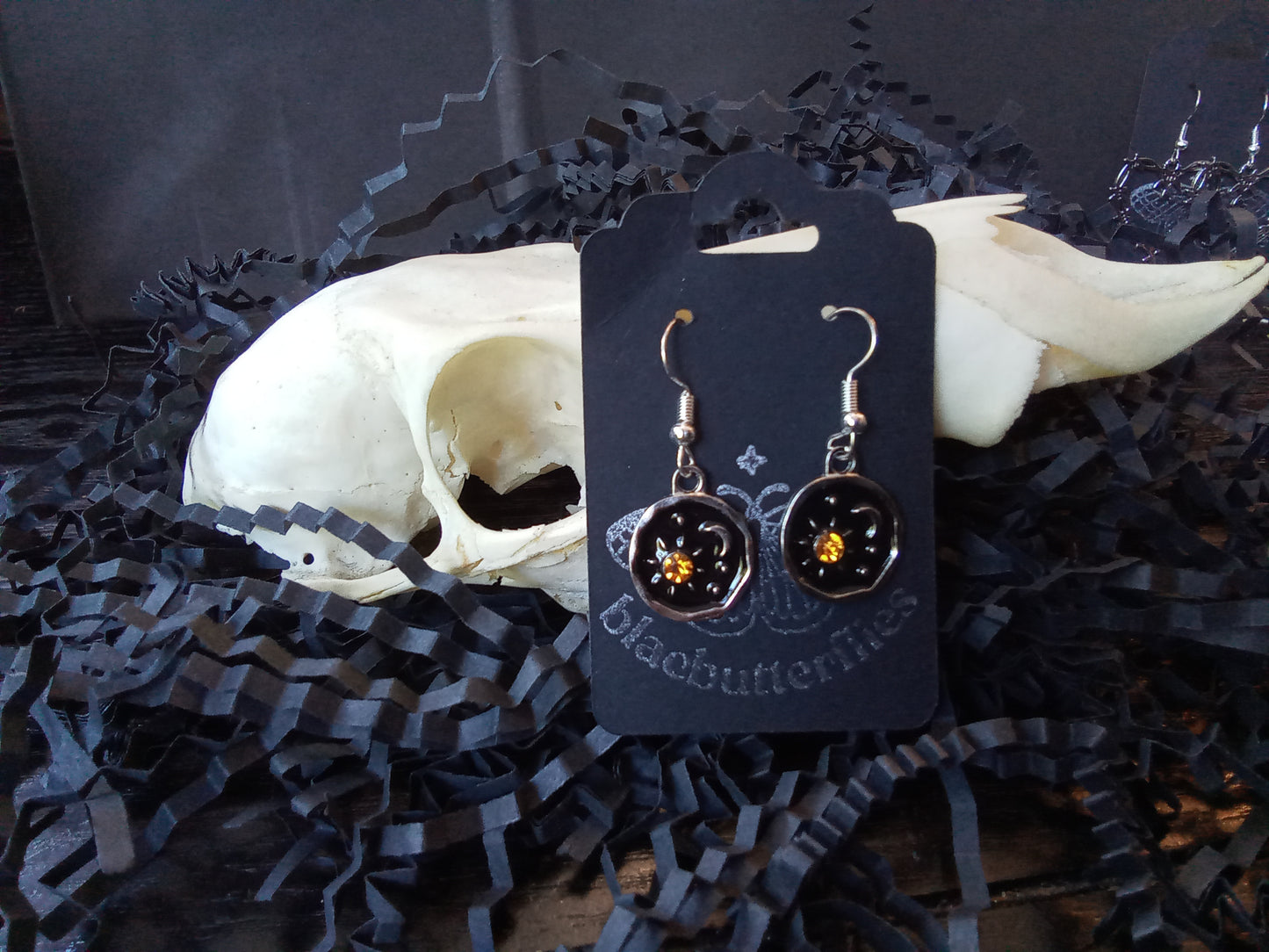 Blacbutterflies moon and sun with orange stone earrings