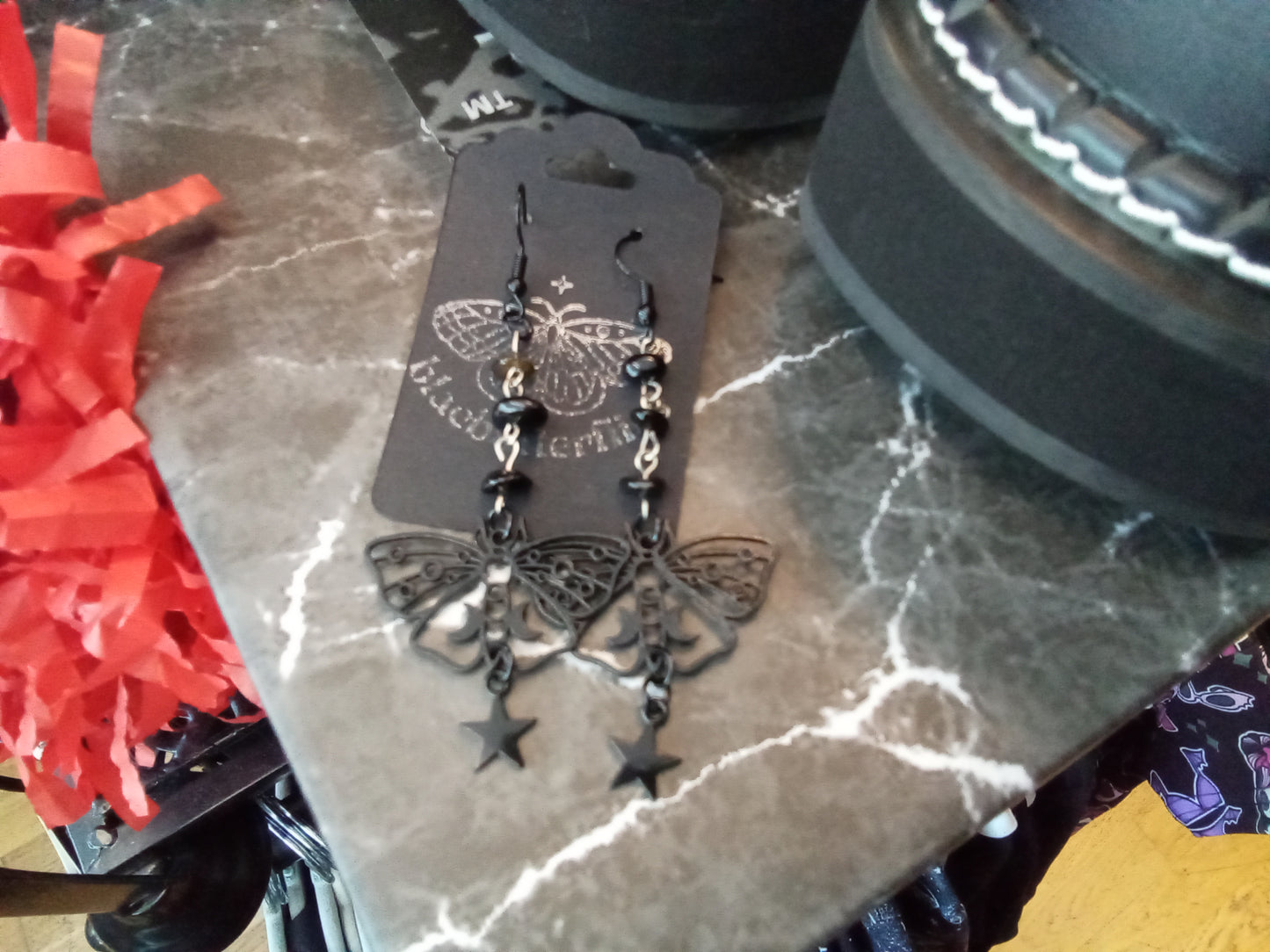Blacbutterflies black moth on beaded chain earrings