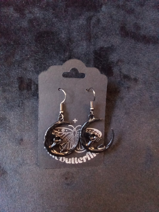Blacbutterflies Black Skull Crescent Moon earrings